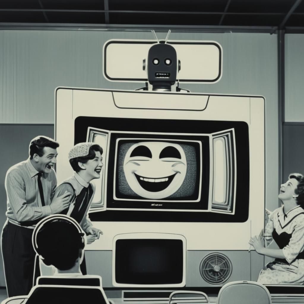 Vintage scene of two men and a one woman looking and laughin...