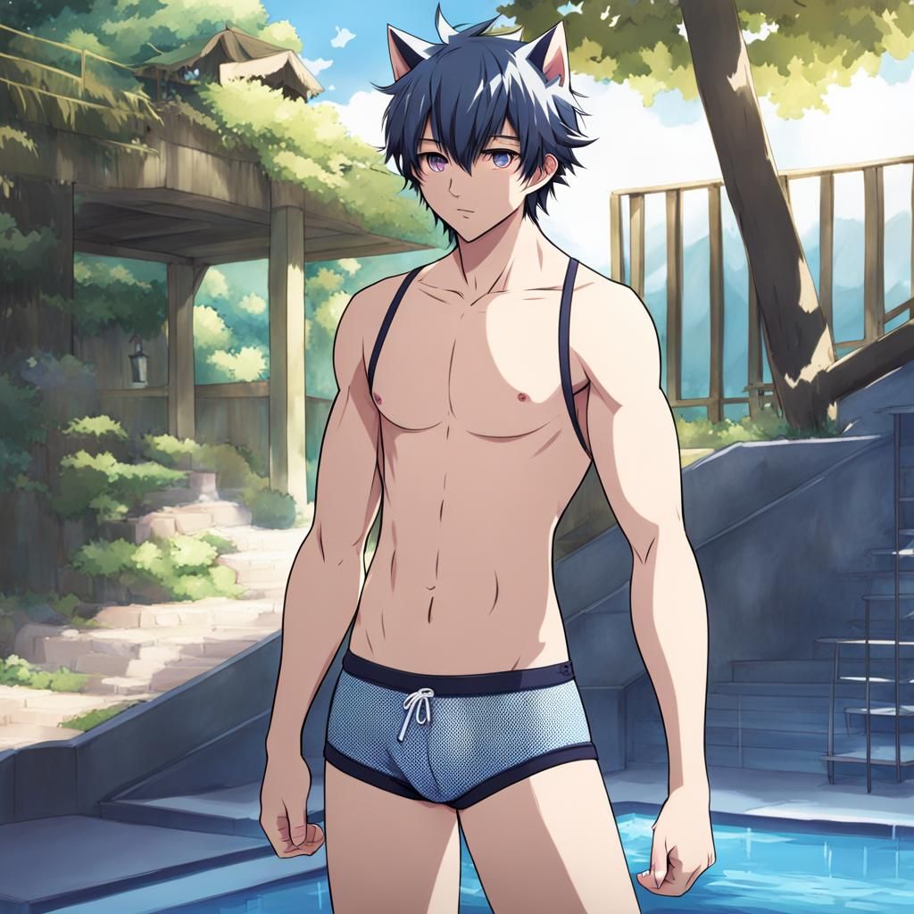 Anime style neko boy wearing swim briefs wearing underwear AI