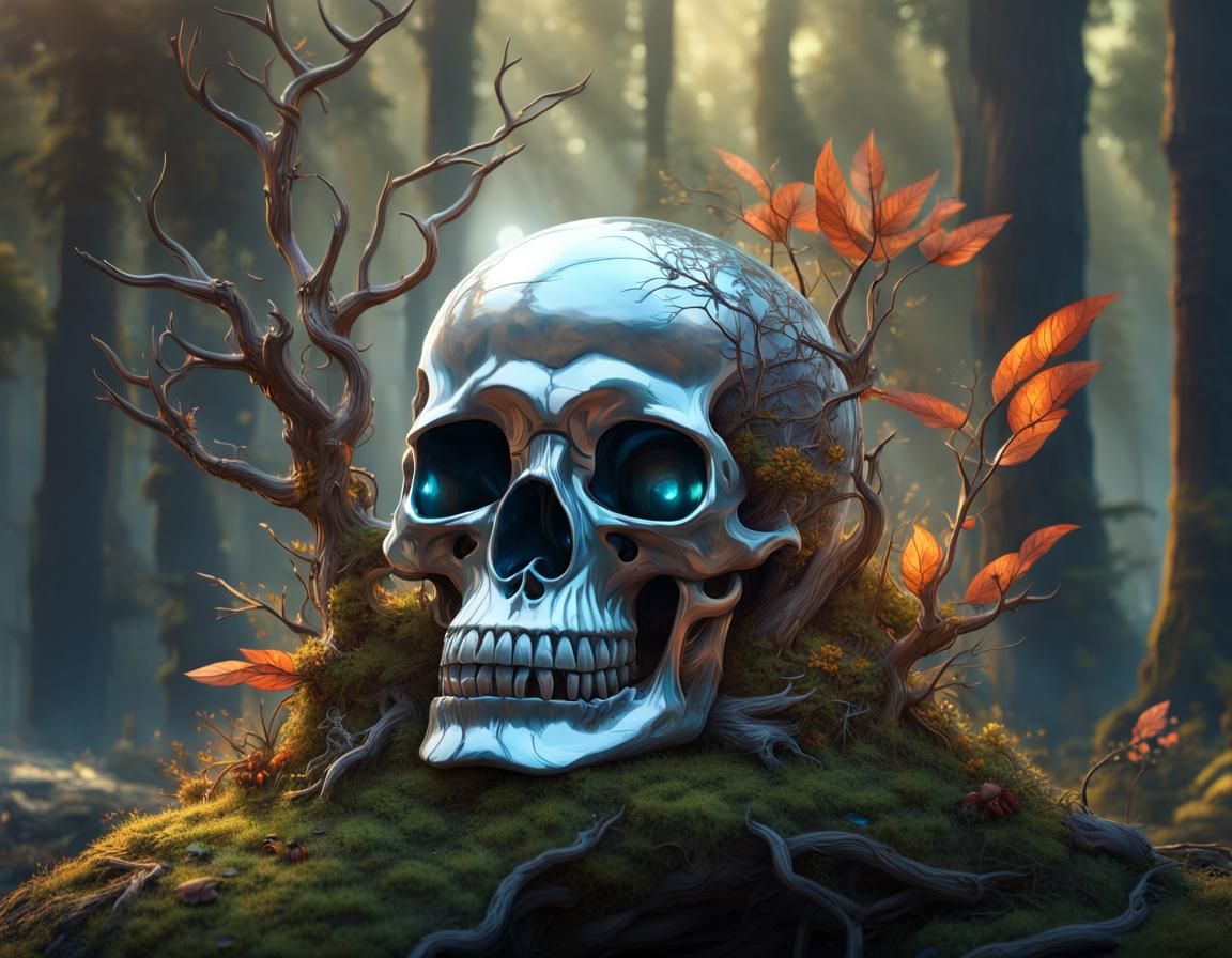 Hollow crystal glass skull with living ecosystem sealed insi...