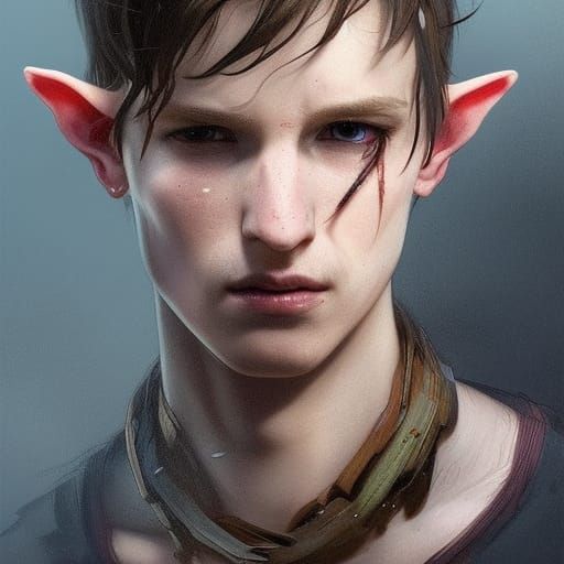 Half elf boy, ragged clothing, dark short hair, staff, rats