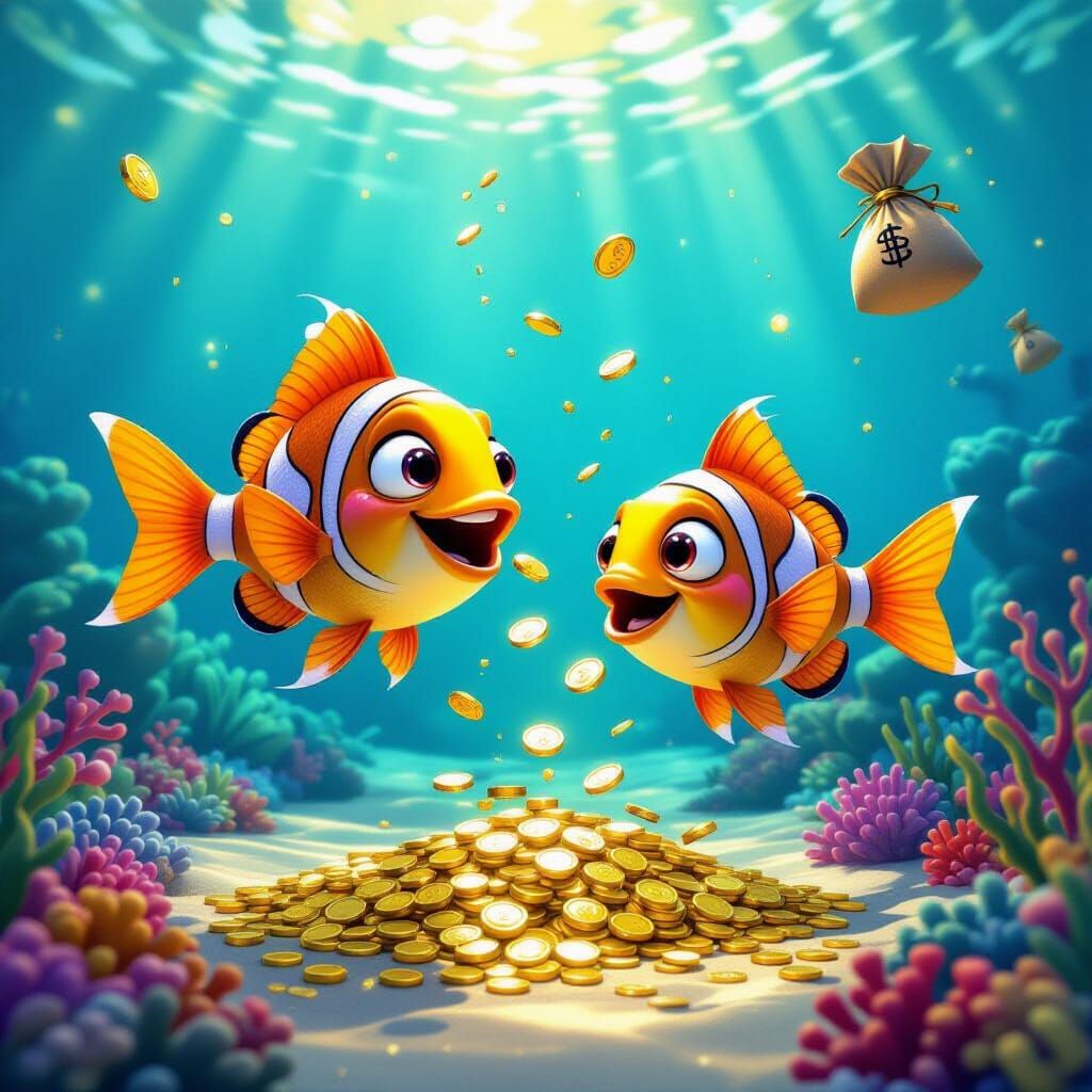 A under ocean view with bright colored fish that are spitting out gold coins & money bags 
Cartoonish yet real life fun 
Disney Pixar 