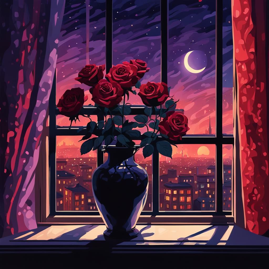 the shadow of a rose in a vase on a windowsill. through the ...