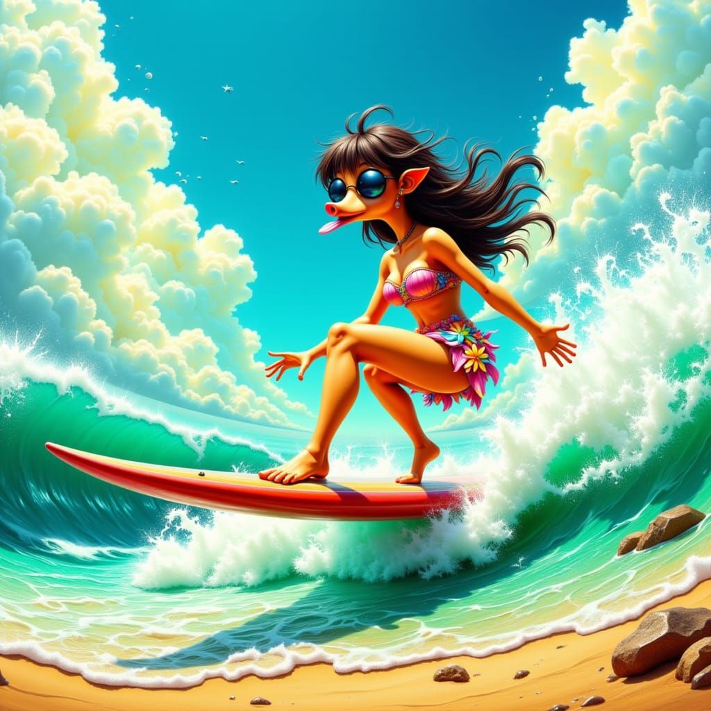 Woman riding a surfboard, wearing a bright beach cover-up, amidst crashing waves and sunny skies, in a vibrant, exaggerated caricature style...