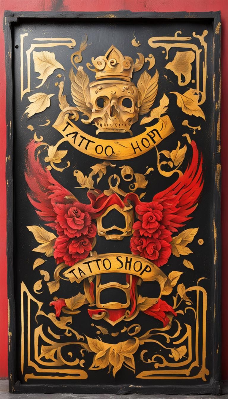 painted wooden tattoo shop sign. gold leaf. red, yellow, bla...