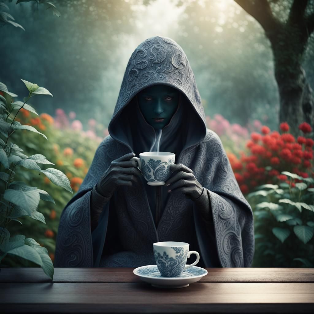 A mysterious hooded figure clad in dark paisley in a serene ...