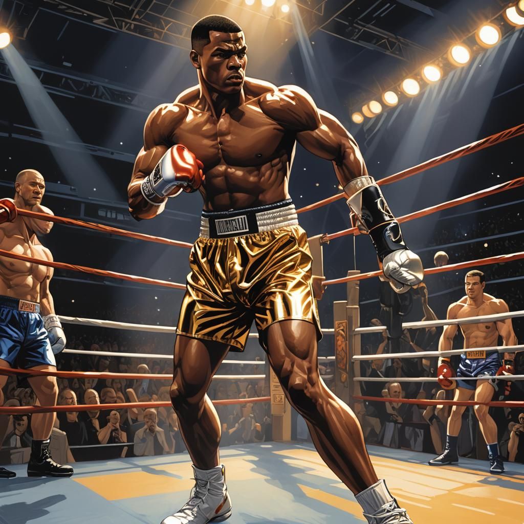 Boxer with silver gloves and golden shorts Full Body, Heroic...