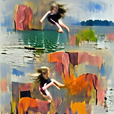 Girl jumping in lake abstract