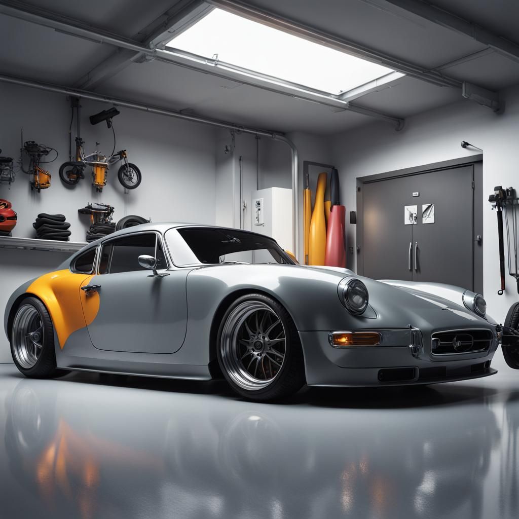 A mate grey Louay h13 inside a white modern garage only