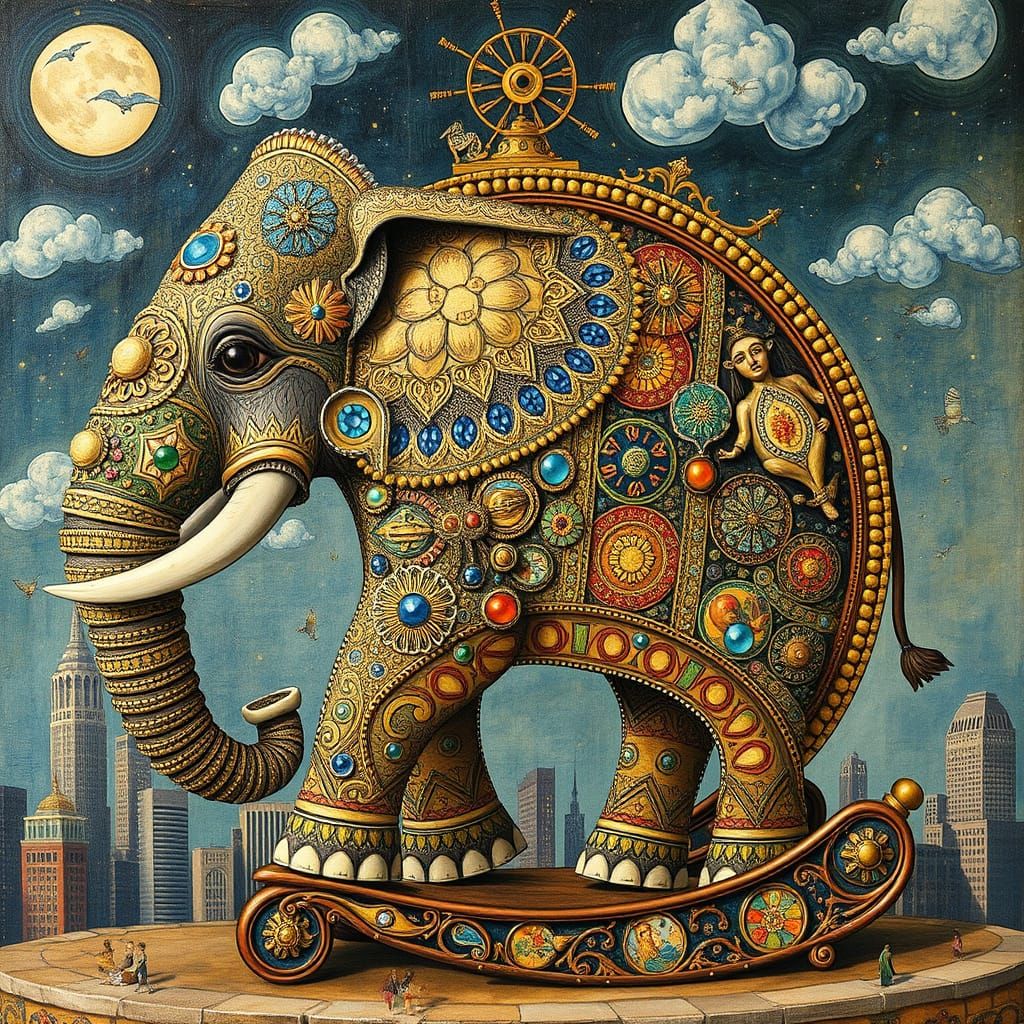 Maximalist, Surreal Ornate elephant Walking  Wheel, Spiraling Mixed Media, Amanda Sage, Gustav Klimt, ...  by @BunnyBear 