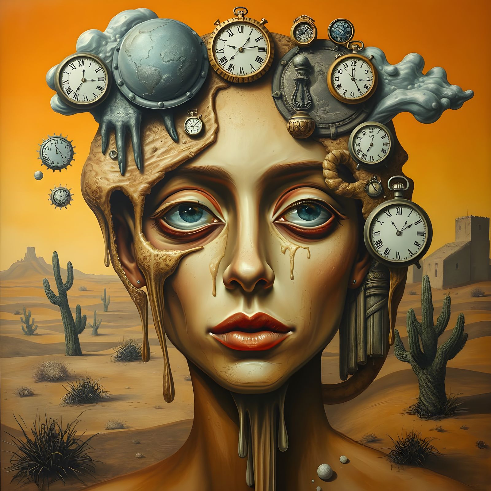 Surreal Melting Portrait with Floating Clocks and Eyes
