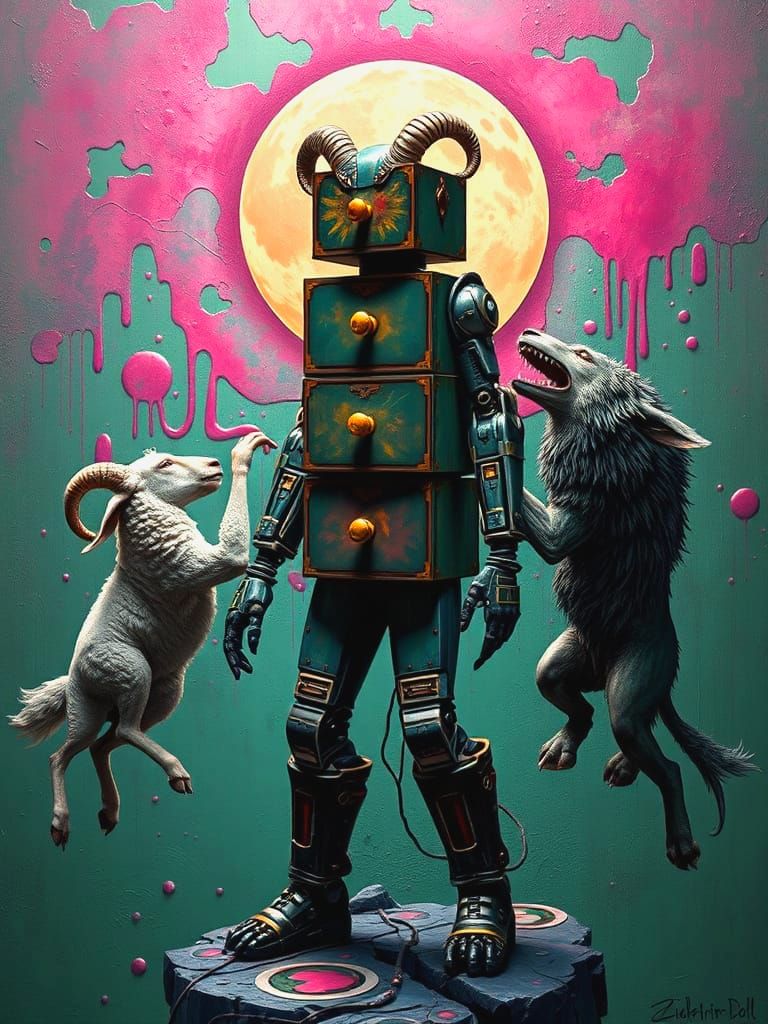 Abstract Figure Emerging from Drawers in Deep Green and Mage...