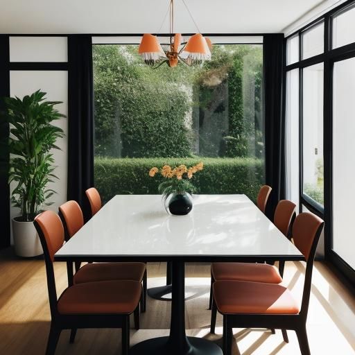 Beautifully window lit black, peach and ivory dining room w/...