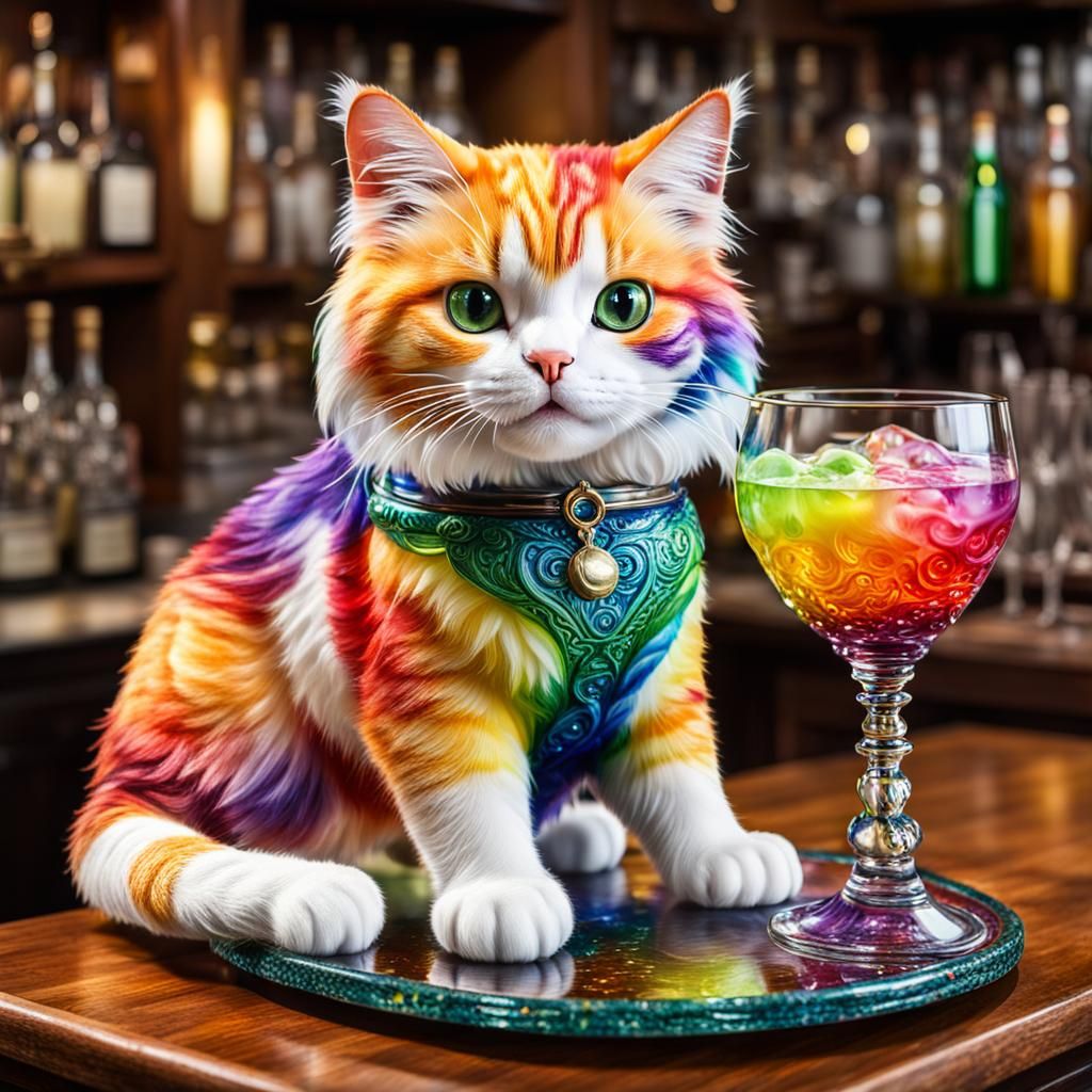realistic happy calico kitty bartender serving highly-detail...