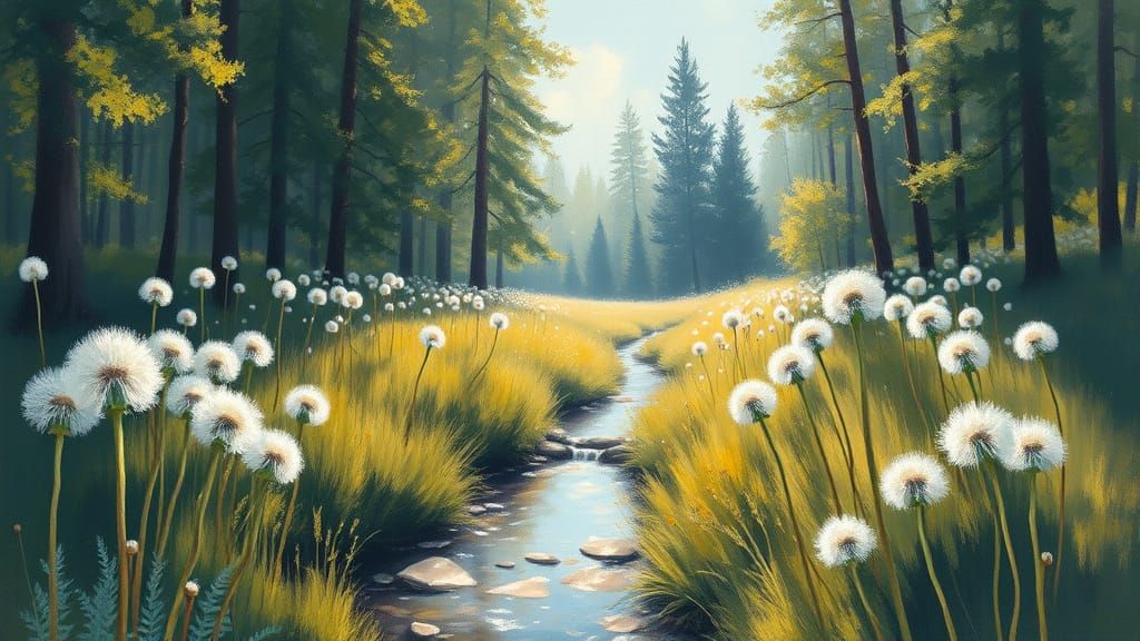 A secluded, sun-drenched forest meadow filled with oversized, softly glowing dandelions. A small, clear ...  by @Malwen