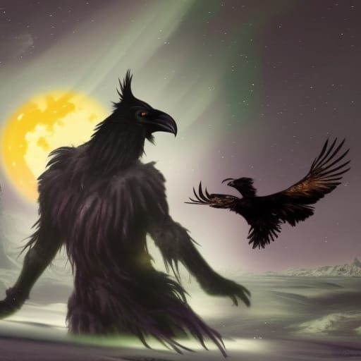 Skin Walker Raven Transformation Under Northern Lights