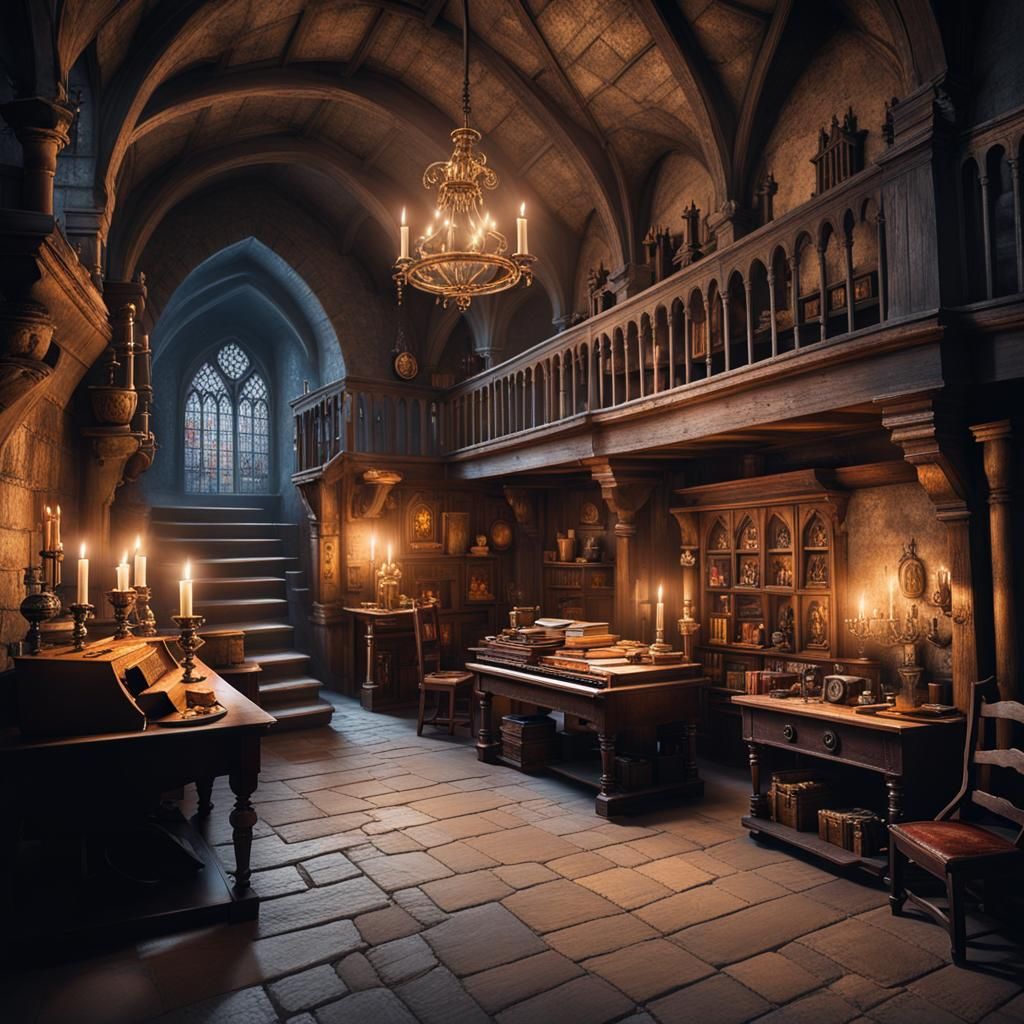 Intriguing scenes showcasing the dimly lit chambers of medieval lairs, adorned with antique furnishings, ...  by @Tara