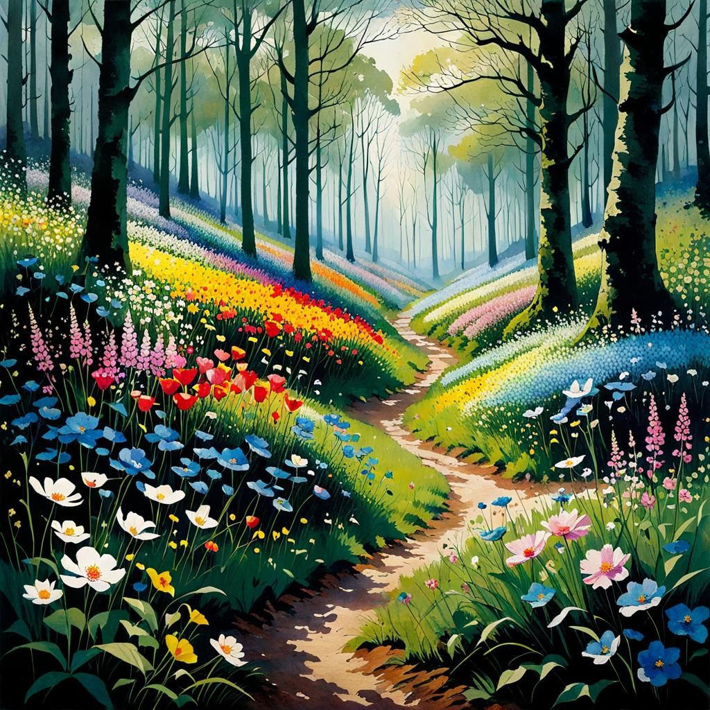 A spring meadow covered in colorful flowers in a clearing, s...