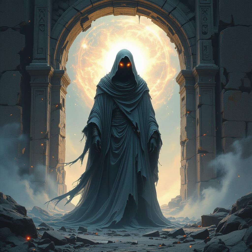 An ancient daemon, cloaked in cosmic dust and starlight, guards a crumbling portal
