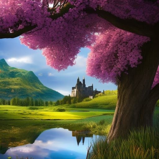 Castle, trees, flowers, lake, mountains, Sharp contrast, hig...
