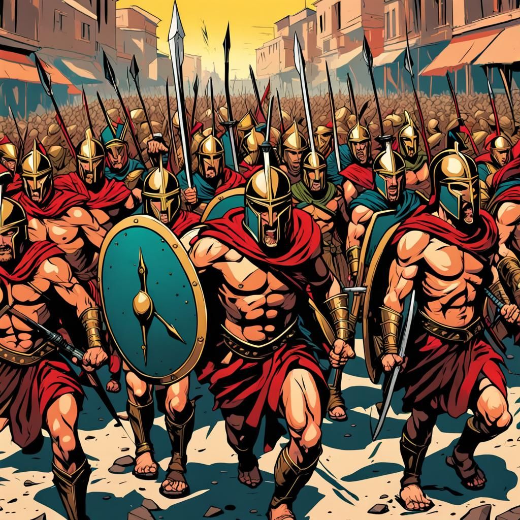 300 Spartans, comic style, crowd running in a group with swords and ...