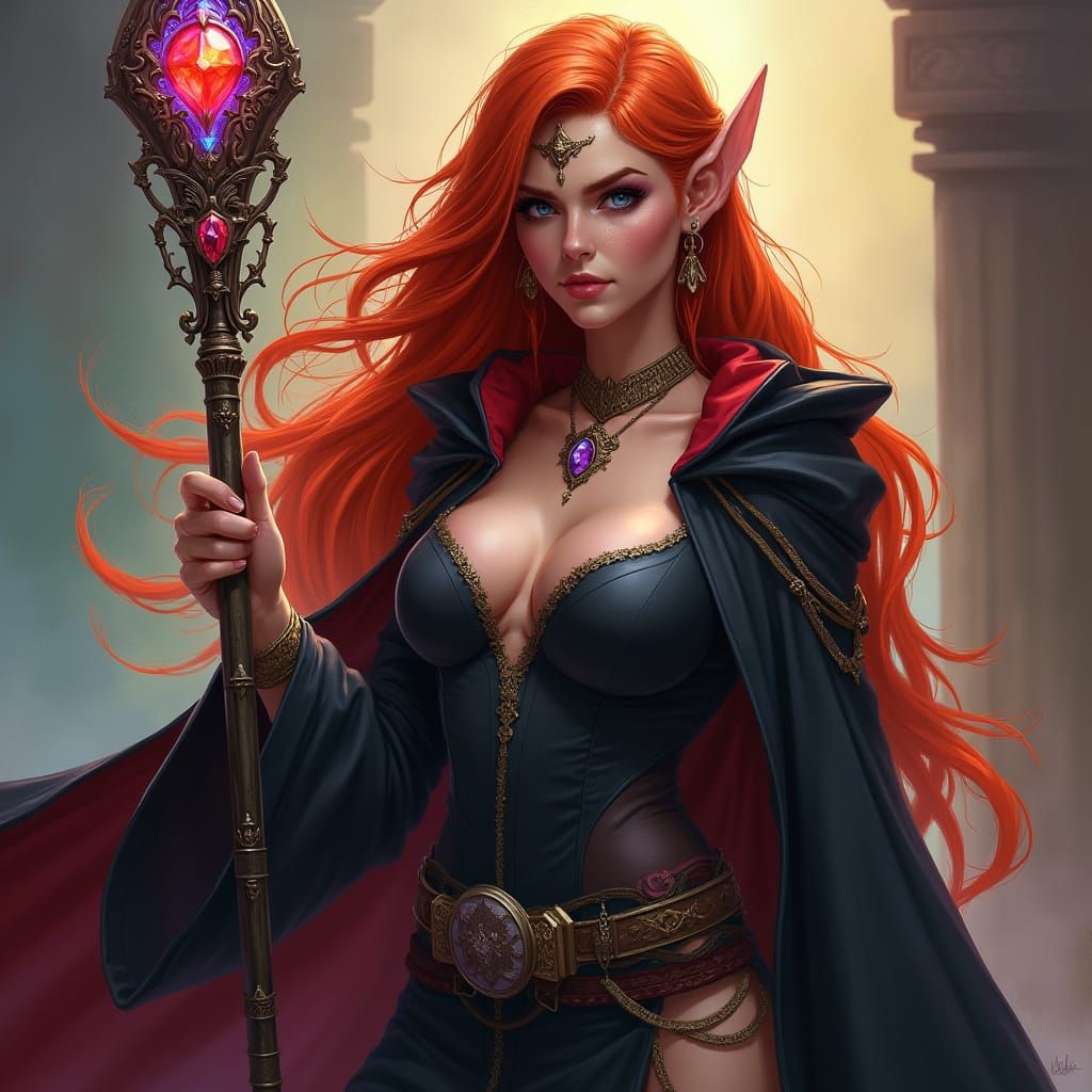tall female elven mage, somewhat reckless, long red hair.  Wearing a scanty outfit and a black robe, in her hand she has a short metal rod w...