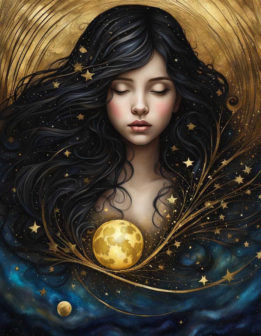 wet oil and alcohol ink, thin black and gold lines, 3-D, textured, centered, delicate, fantasy, magical, ...  by @Meredith Ellen Skye