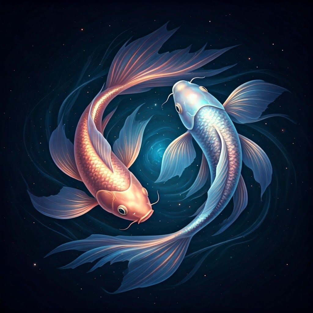 Two celestial koi fish swim gracefully through a starry cosmic ocean, their shimmering scales reflecting ...  by @Mog