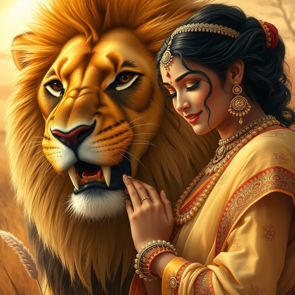 Princess Radhika Adorns a Majestic Lion in a Vibrant Savanna...