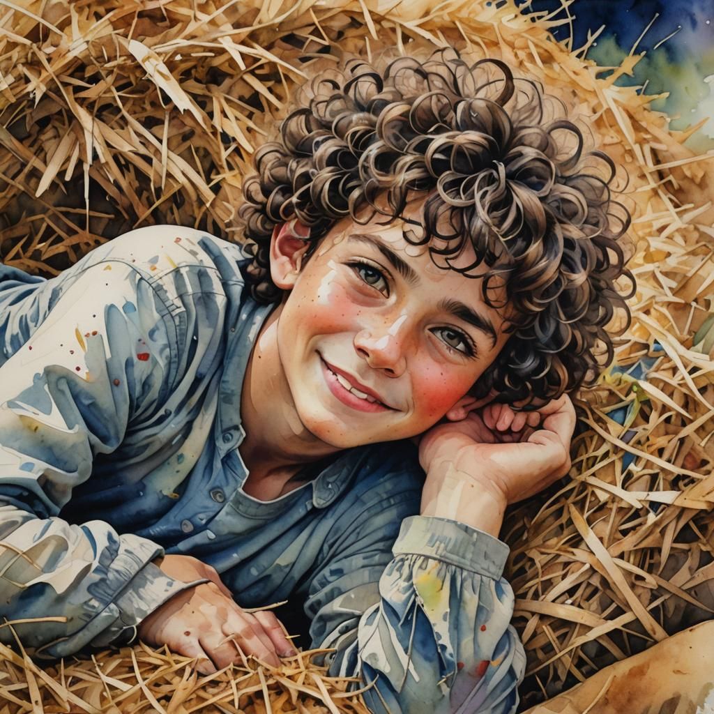 Boy Resting on Haystack in Watercolor Style
