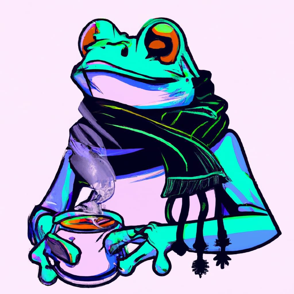 Frog with scarf and coffee