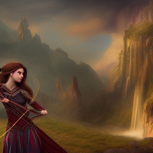 girl elf long braid brown hair shooting with a bow
