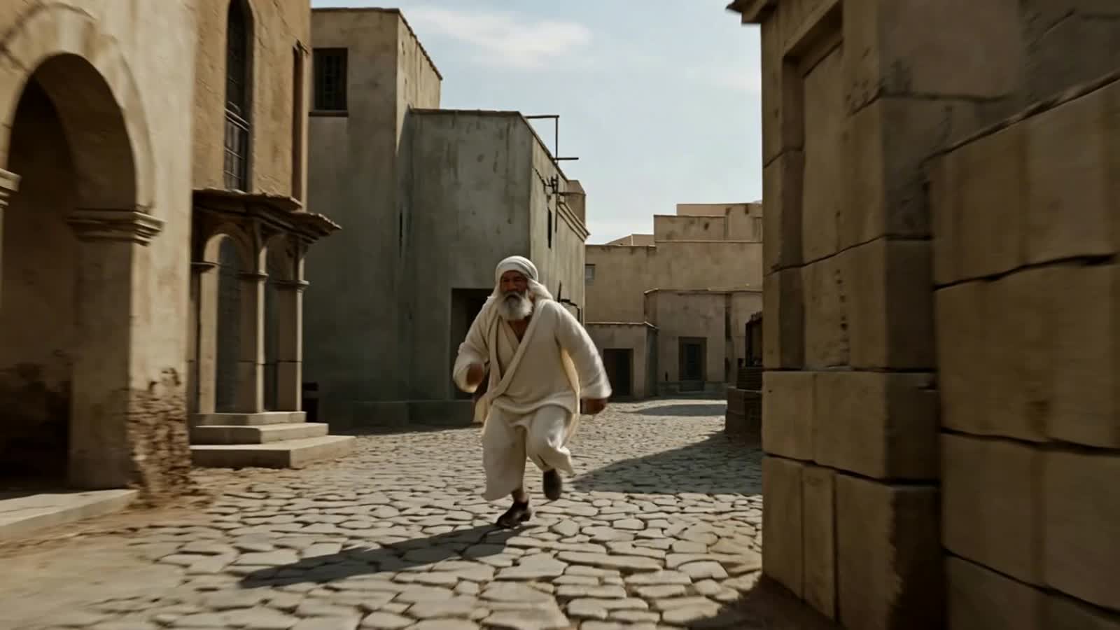 A fierce dragon shooting flames at an old man , beard, covered in white sheik clothing while he's running down in terror...