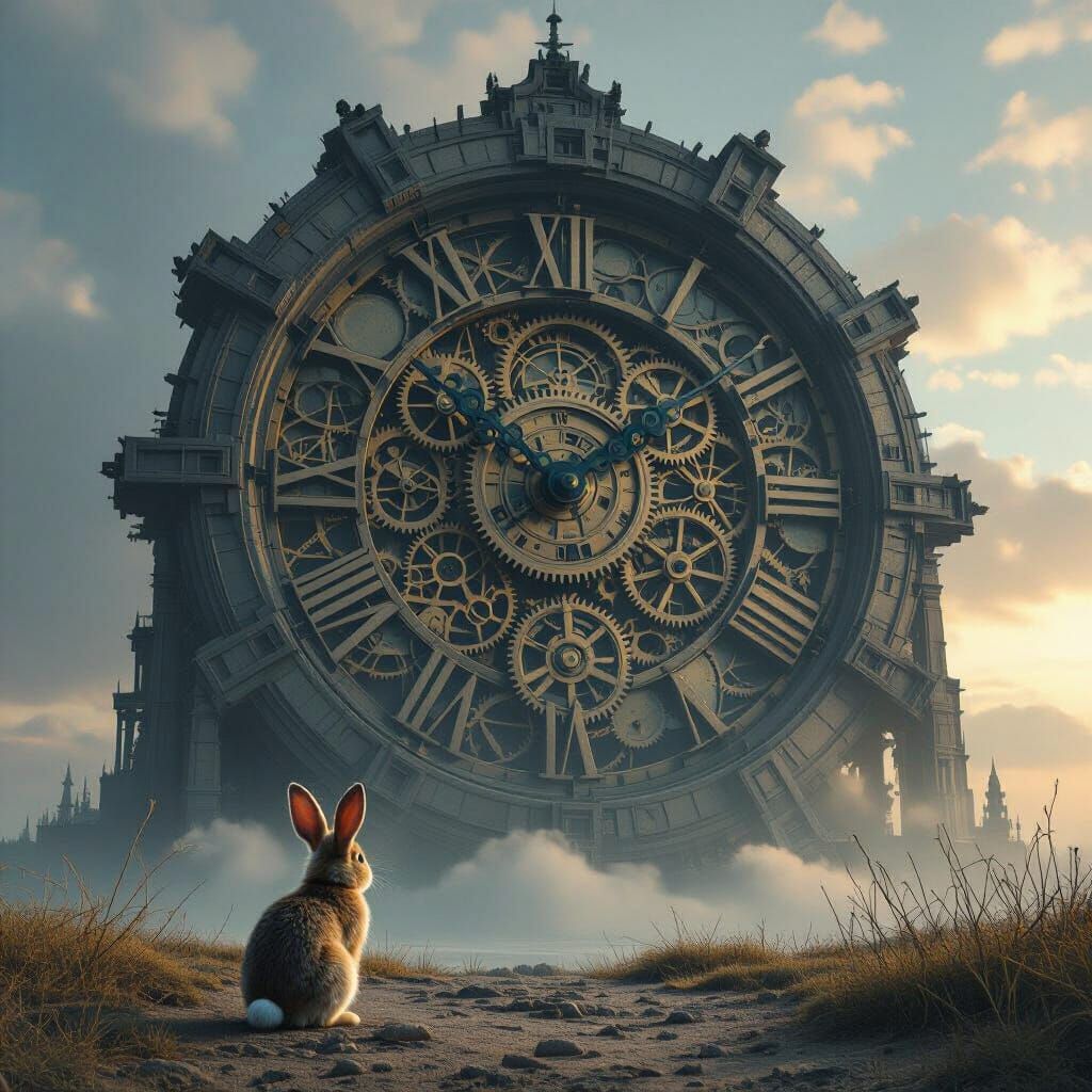 Giant Gear Clock Structure with Rabbit, Realistic Surrealism