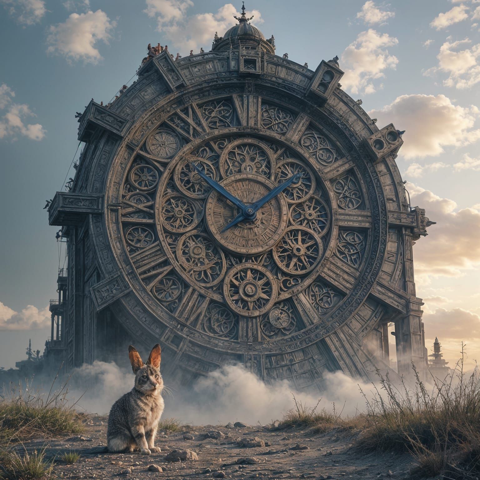 Giant Gear Clock Structure with Rabbit, Realistic Surrealism