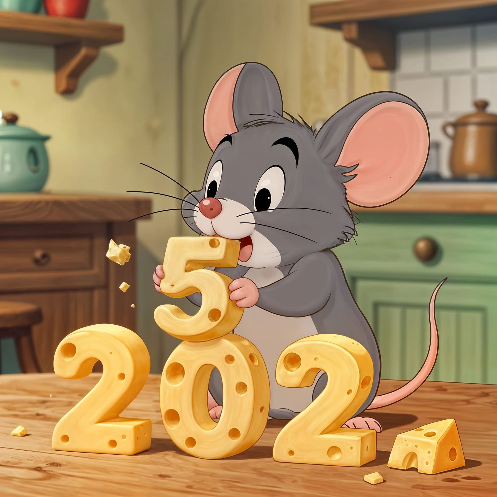 Goodbye 2025! Little mouse takes big bite out of number "5" and is visibly enjoying it.