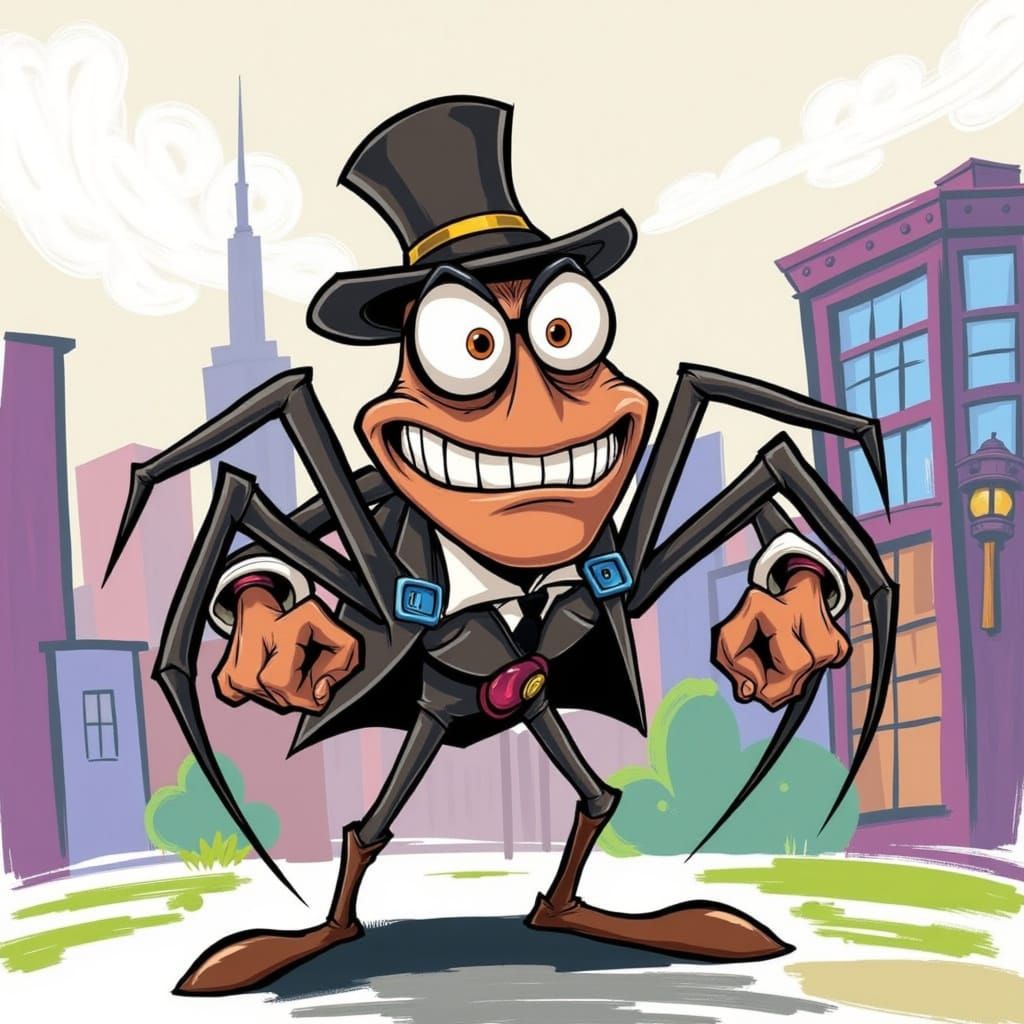 Whimsical anthropomorphic Spider, with wild eyes and frantic expression, posed in a dynamic, exaggerated manner, set against a vibrant, cart...