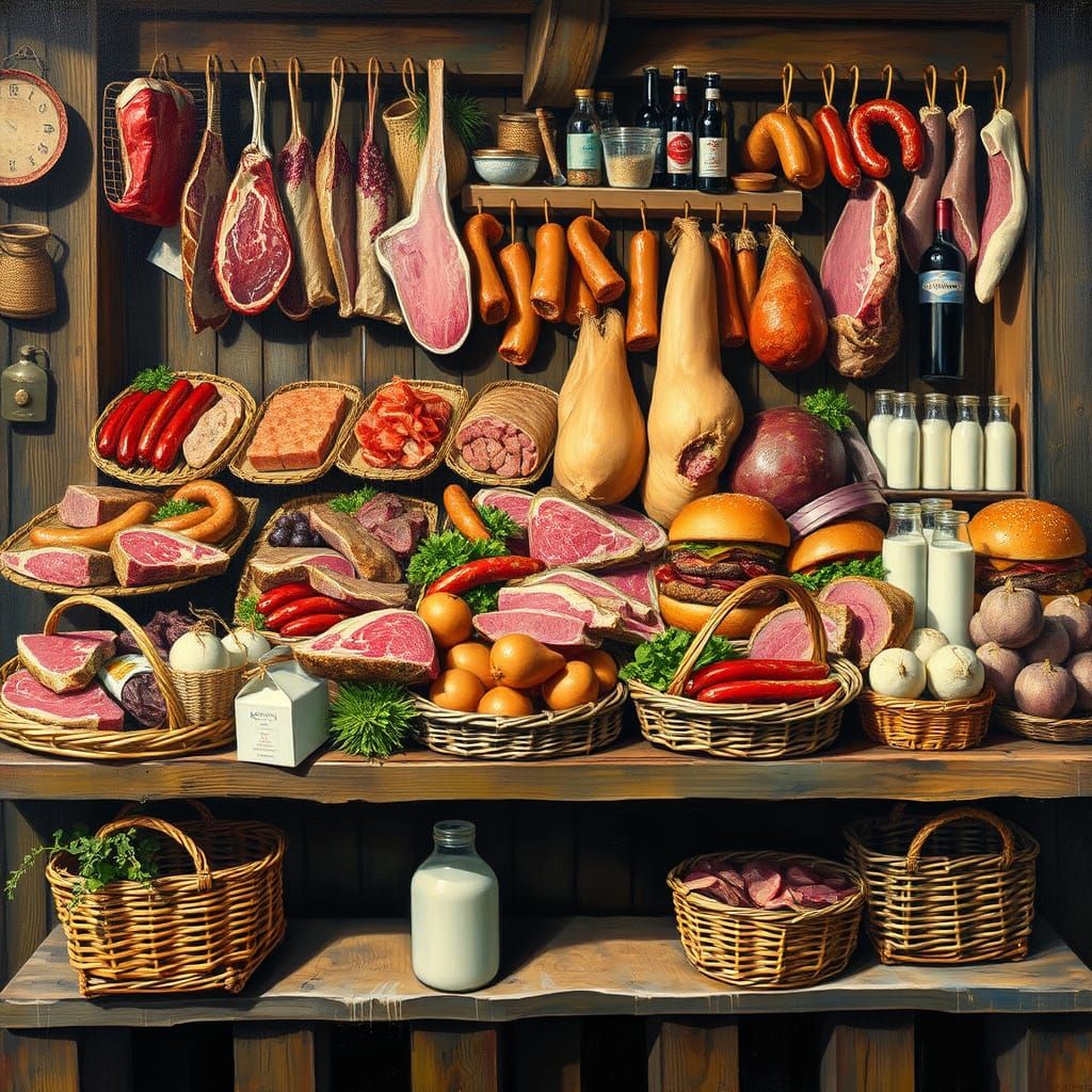 A wooden stand filled with baskets full of steaks, sausages, burgers, hams, milk and other delucious ...  by @Arena Garibaldi