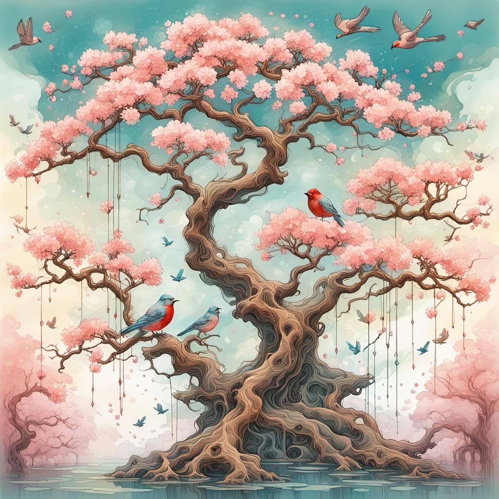 Cherry blossom Japanese tree birds, line ink and watercolor ...