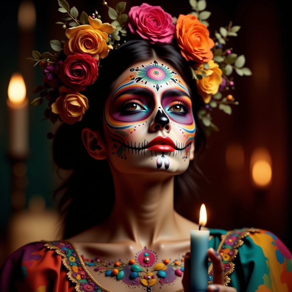 <lora:ChromaDraw:1.0> Medium shot of a beautiful woman wearing colorful Día de los Muertos face paint.