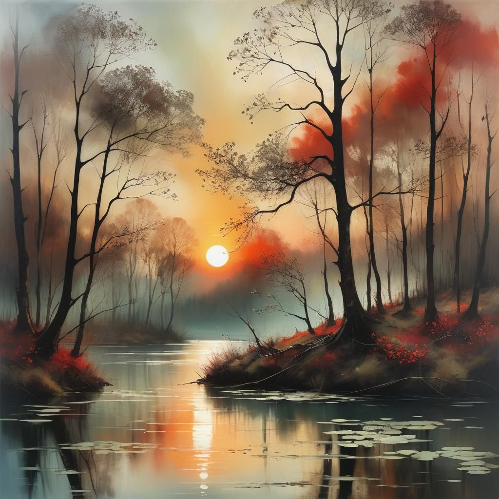  dreamy and radiant spring on a lake and a forest at sunset  by @Mapont