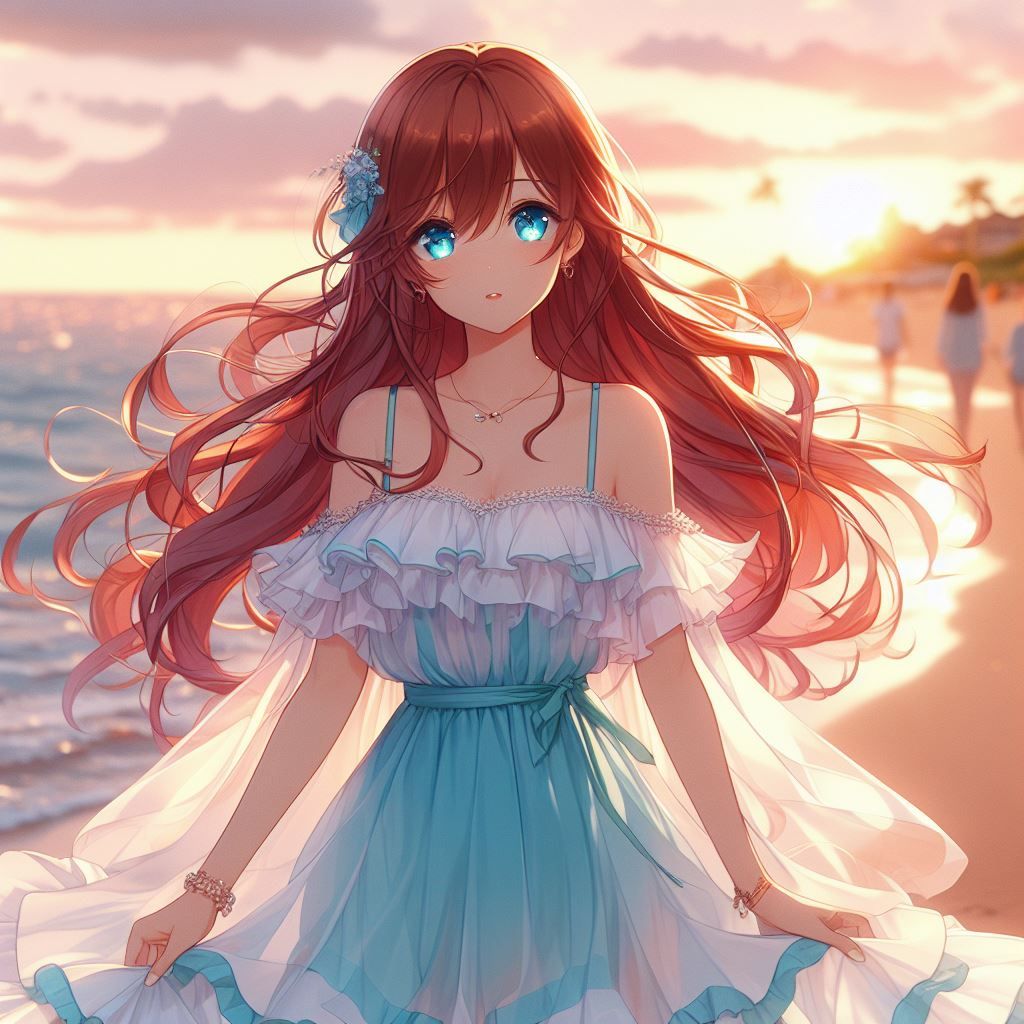 Aqua on the beach in a fancy dress