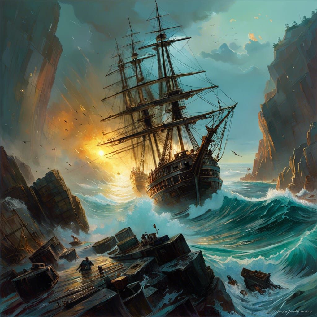 Battle of pirate ships along a rocky shoreline   by @Artistic_anarchist