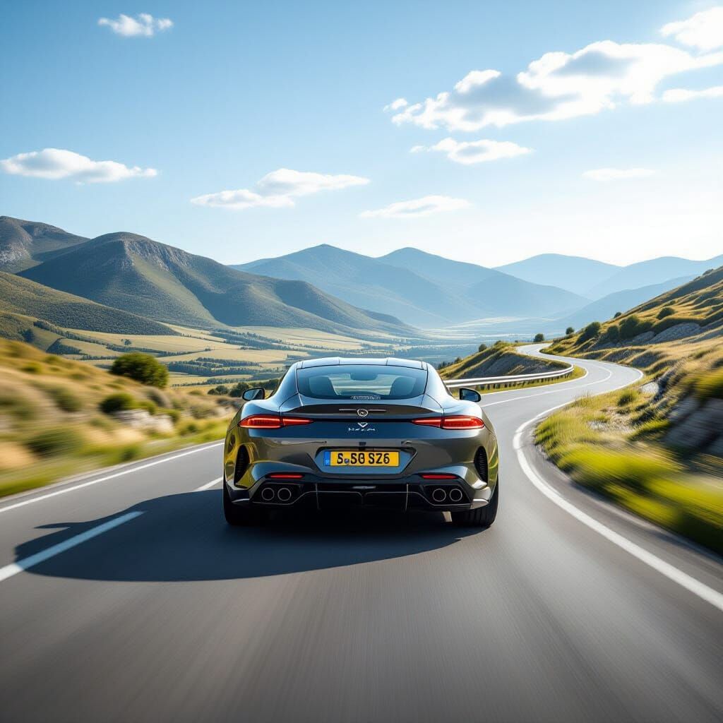 angular view of sportscar driving away from camera through a windy country road