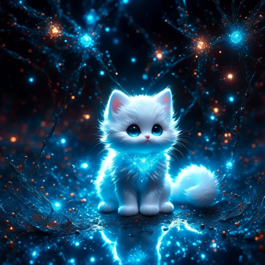 Strange cute stellar kitten, big quantum galaxy shiny eyes, 2D, clouds ...