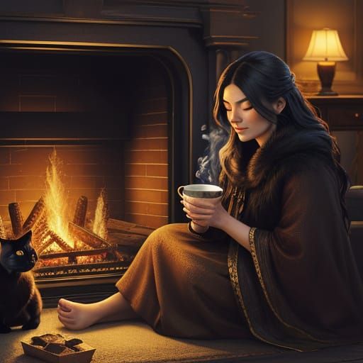 Keeping warm by the fireplace