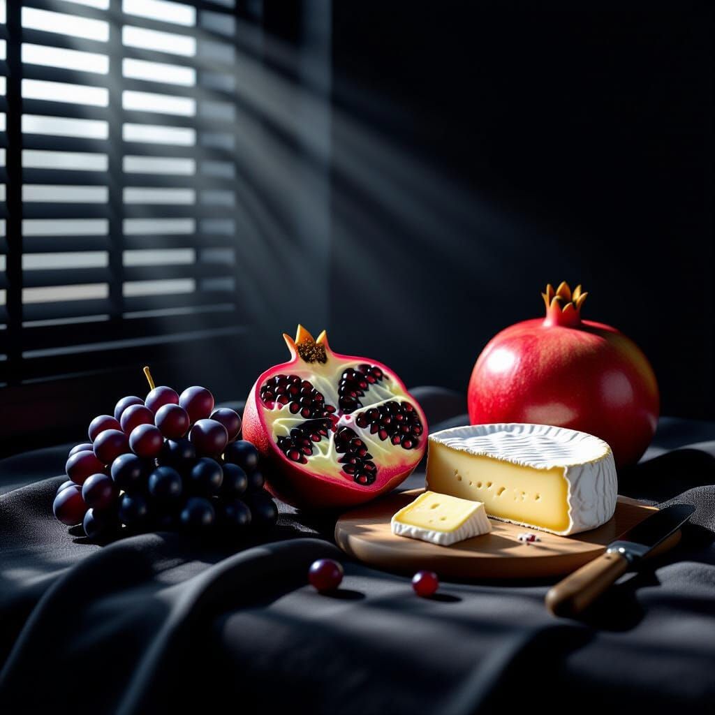 
Реалистичная сцена, сверхдетализированная 3D-иллюстрация.гипер реализм 7к. Флагманский натюрморт с темным виноградом, открытым гранатом и с...