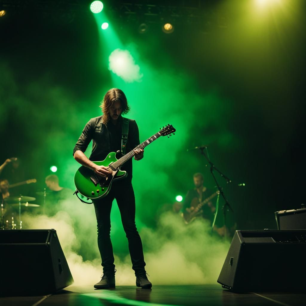 guitarist on stage, rock concert, rock and roll, green smoke ...