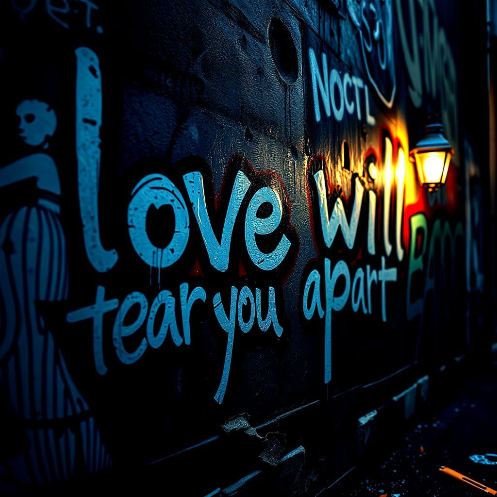 Dramatic street art multilayered graffiti featuring the words "love will tear us apart"
photography. ...  by @garymac