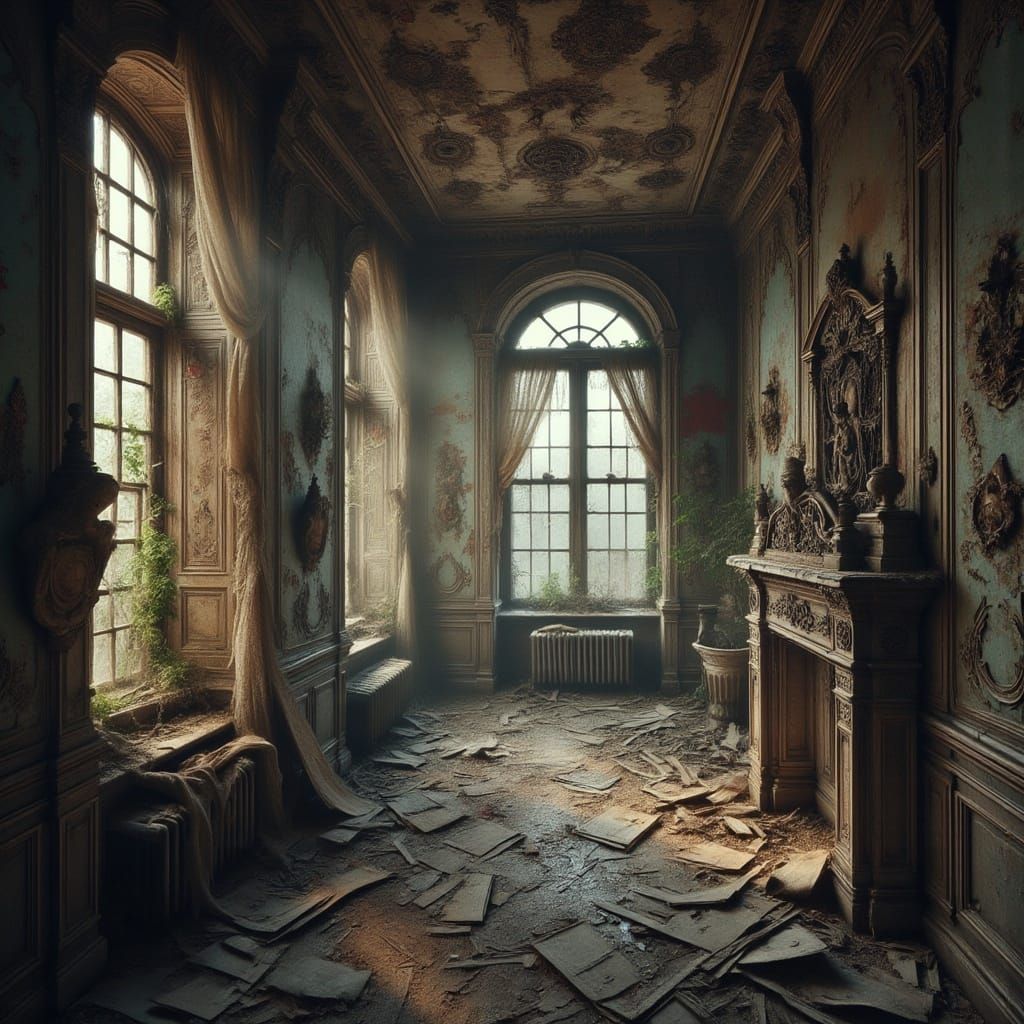 <lora:Abandoned for Flux:1.0>abandoned interior of a Rococo mansion.