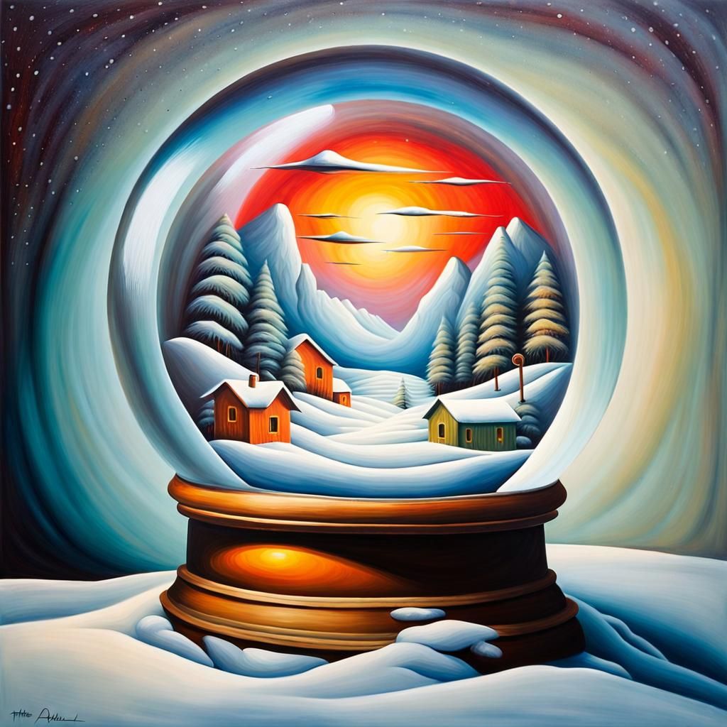 Anything surreal and abstract inside a snow globe. Matte oil...